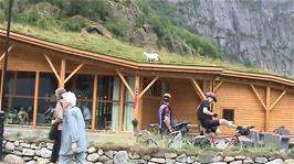 Goats graze peacefully on the roof of the cafe opposite the Norwegian Nature Centre Hardanger in Upper Eidfjord